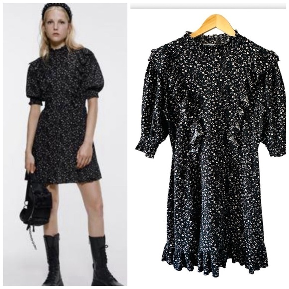 Zara Dresses & Skirts - Zara Regencycore Floral Print Puffy Sleeve Black Dress Size Large